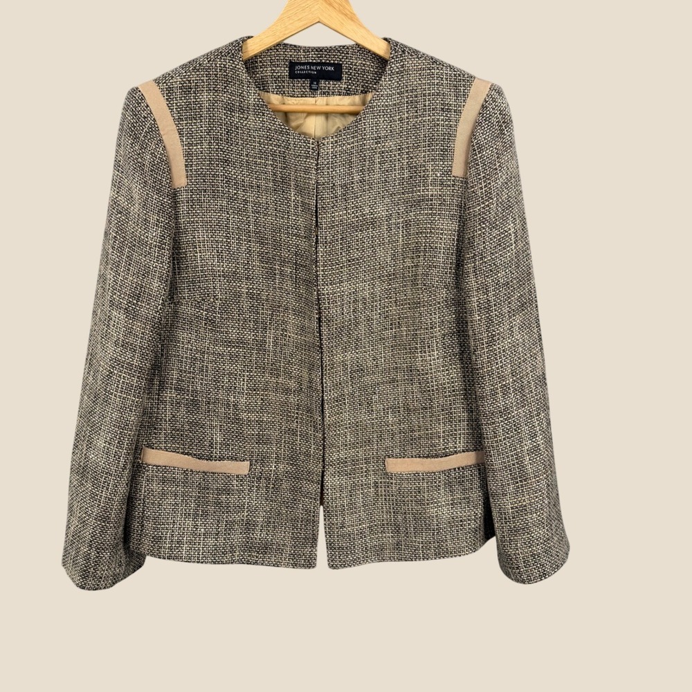 Jones New York Collection Metallic Tweed Blazer Jacket Size 14 Brown Tan Preppy